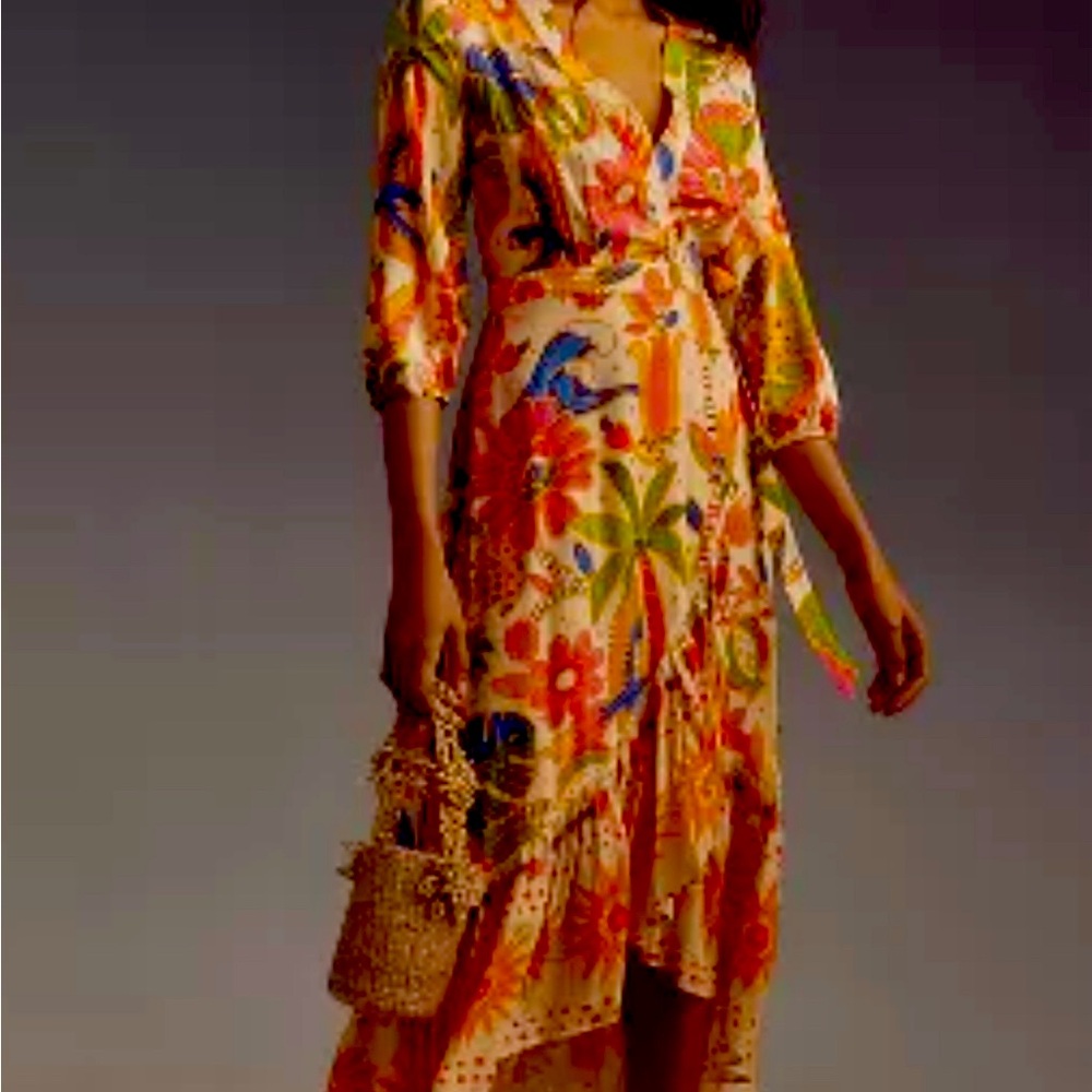 FARM RIO LONG-SLEEVE V-NECK WRAP MIDI DRESS